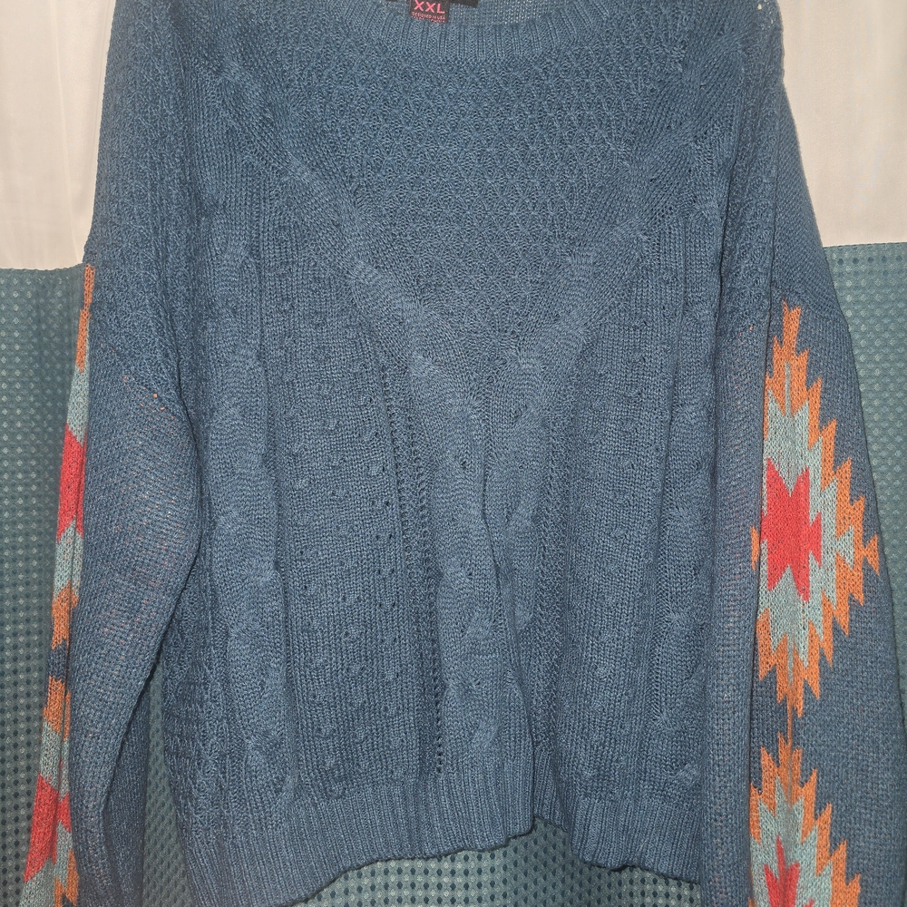 Stylish Blue Cable Knit Sweater with Multicolor Sleeves